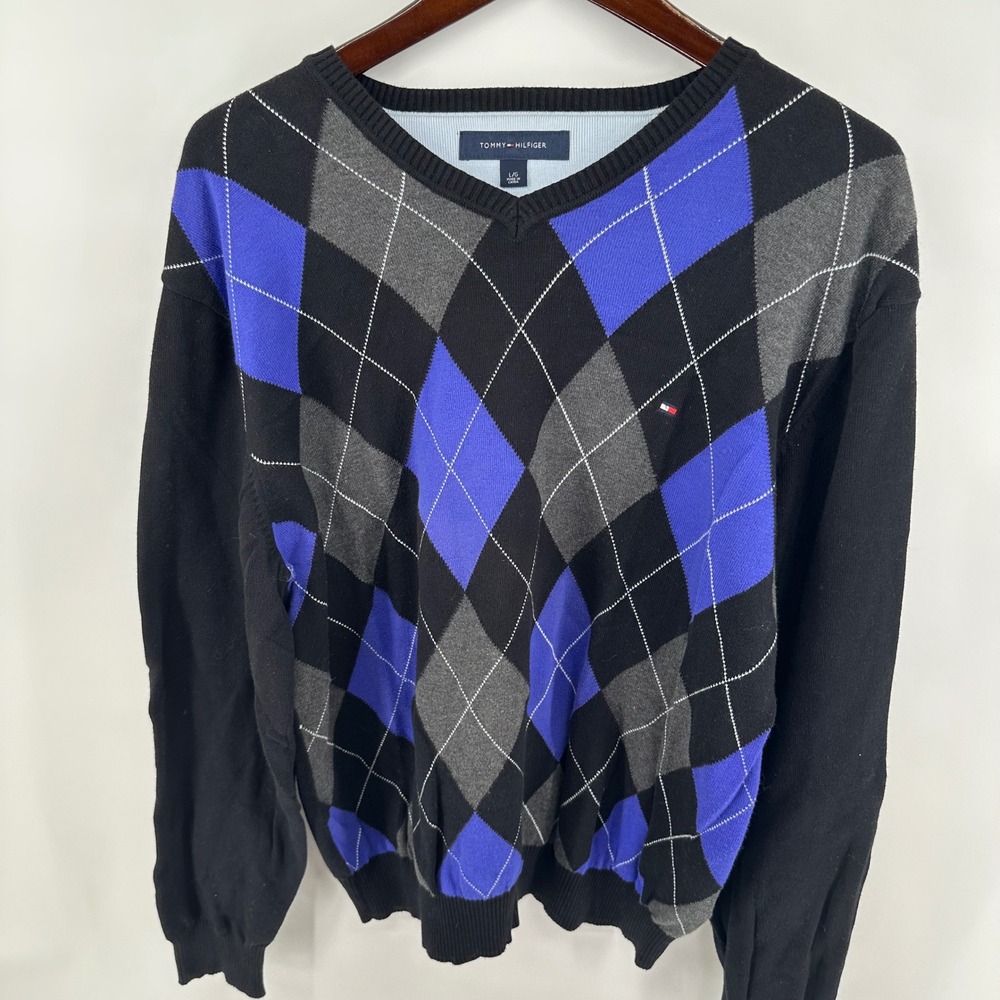 Tommy Hilfiger Mens Argyle V-Neck Sweater Blue Black Grey Cotton Size Large